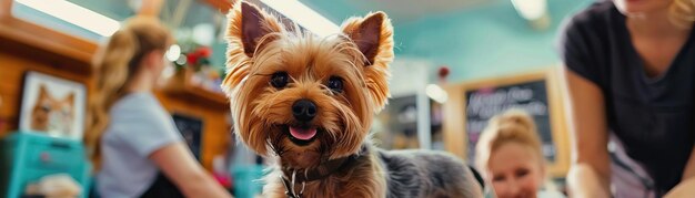 Vibrant editorial scene of cheerful pet grooming featuring delighted pets and friendly groomers capturing the joy of a wellgroomed pet