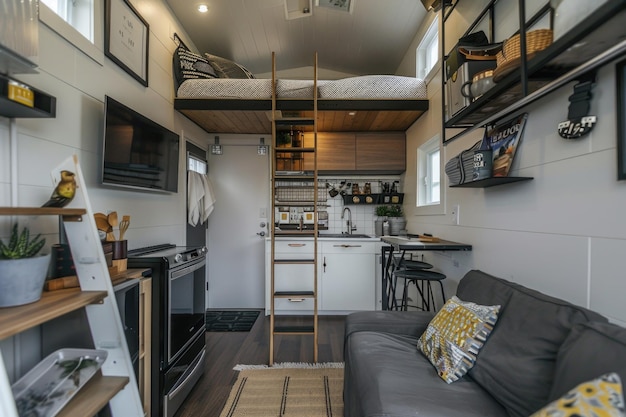 Photo vibrant and efficient tiny house interior with colorful accents