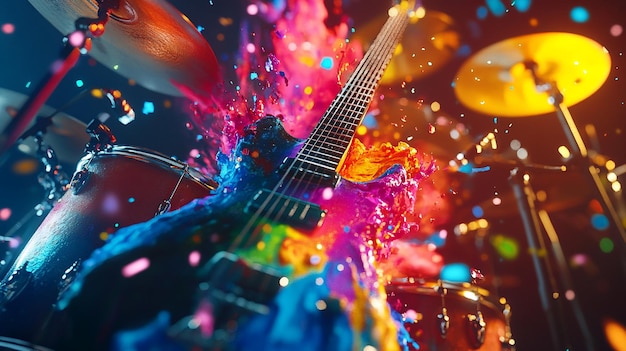 Photo a vibrant electric guitar splashes with colorful paint during a lively music performance in a dimly