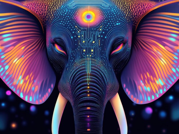 Photo a vibrant elephant adorned with intricate digital patterns against a cosmic backdrop