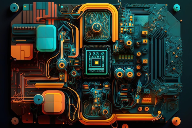 Vibrant and energetic abstract depiction of a digital circuit board with intricate details