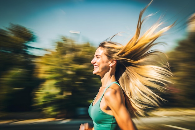 Photo vibrant and energetic woman running with flowing hair capturing the essence of movement and freedom in a sunny outdoor setting