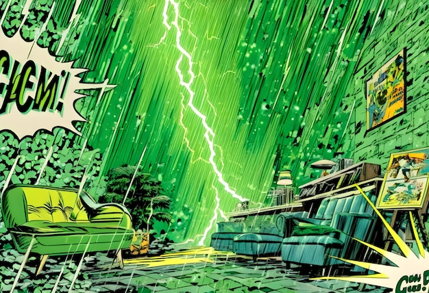 Vibrant energy and lightning streaks burst from green thunder in comic book style