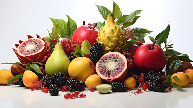 Vibrant Exotic Botanical Fruits in Detailed Close up on White Background