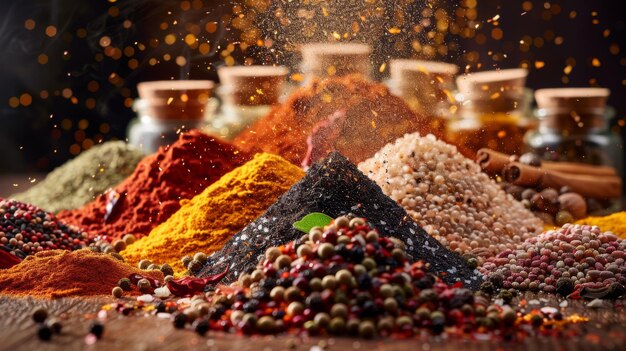 A vibrant explosion of assorted spices over a wooden table