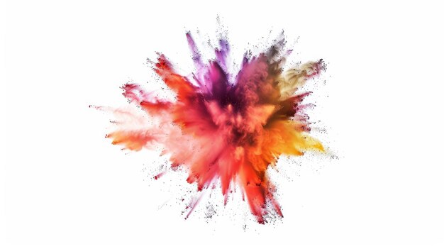 A vibrant explosion of colored powder bursts against a white background creating a dynamic and lively display of hues and energy