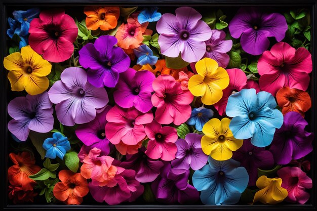 Photo a vibrant explosion of colorful flowers in a striking arrangement against a dark background