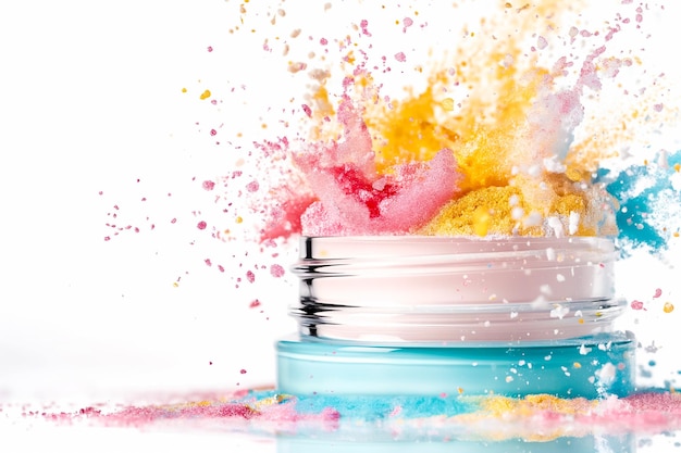 A vibrant explosion of colorful powders erupts from a cosmetics container showcasing artistic expression in makeup The lively hues create an energetic atmosphere