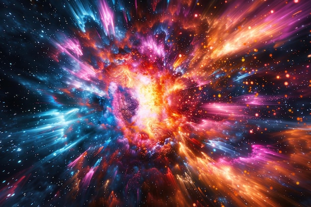 A vibrant explosion of colors and light depicting an intense and dynamic cosmic event in deep space