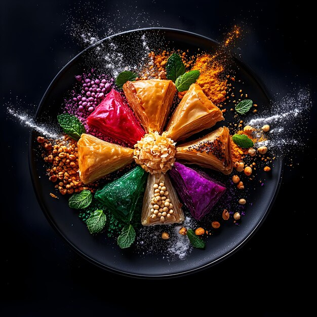 Photo vibrant explosion of decadent baklava and ingredients capturing the essence of mediterranean delight