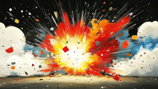 A vibrant explosion with bright colors and debris against a dark background