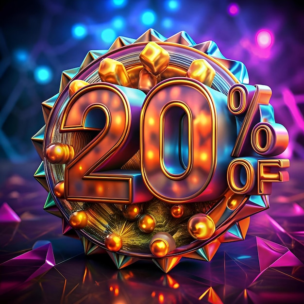 A vibrant and eye catching 3D illustration of a 20 off sale badge perfect for showcasing discounts and promotions