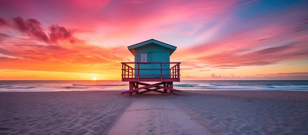 A vibrant and eye catching lifeguard hut stands on the sandy shores of Miami Florida It adds