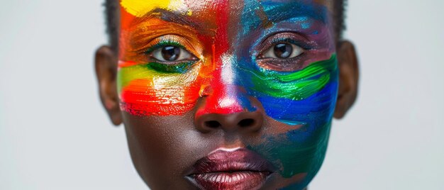 Photo a vibrant face art piece with bright abstract colors painted on a models face showcasing creativity and artistic expression in a striking portrait