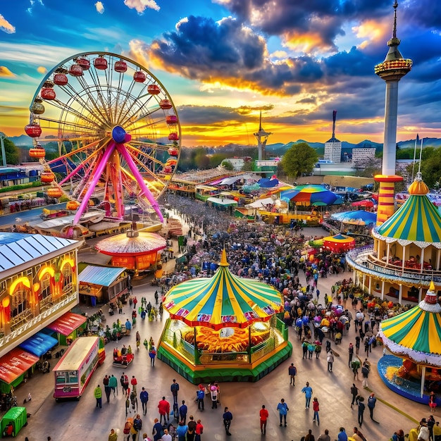 Vibrant fairground with dazzling lights spinning rides and a joyful atmosphere