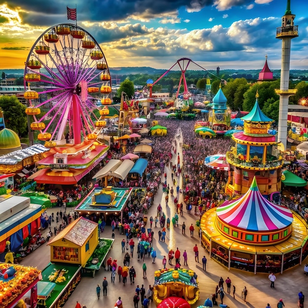 Vibrant fairground with dazzling lights spinning rides and a joyful atmosphere