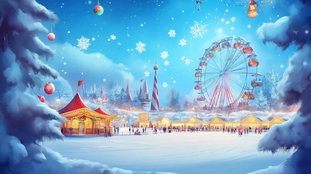 Photo a vibrant fairground with a ferris wheel and amusement rides under a snowy sky