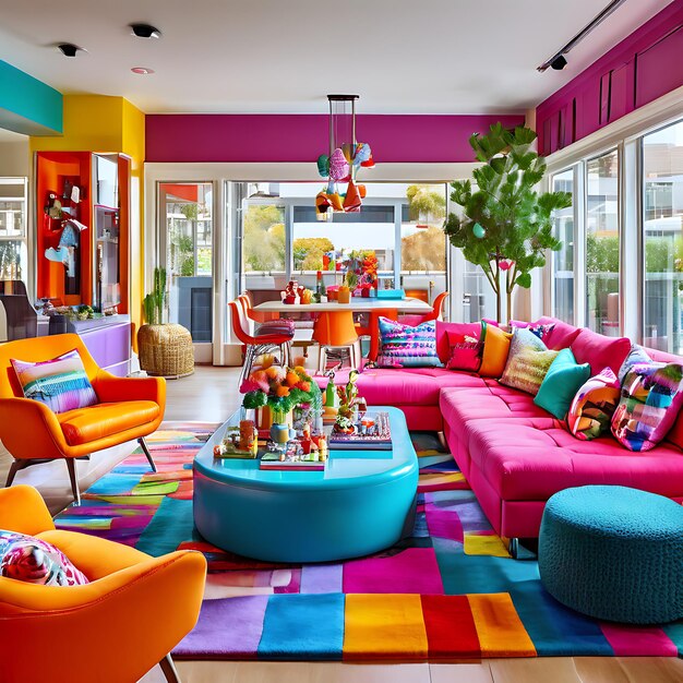 Vibrant Family Room Colorful Furnishings Playful Decor Open Layout Generative AI