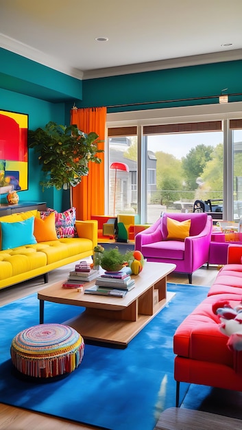 Vibrant Family Room Colorful Furniture Playful Decor Open Layout Generative AI