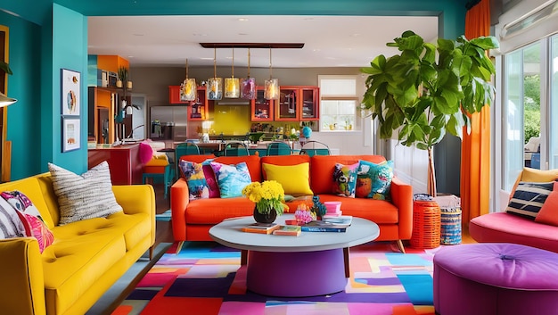 Vibrant Family Room Colorful Furniture Playful Decor Open Layout