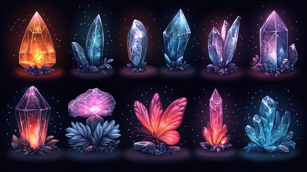 Photo vibrant fantasy crystals and gemstone illustrations