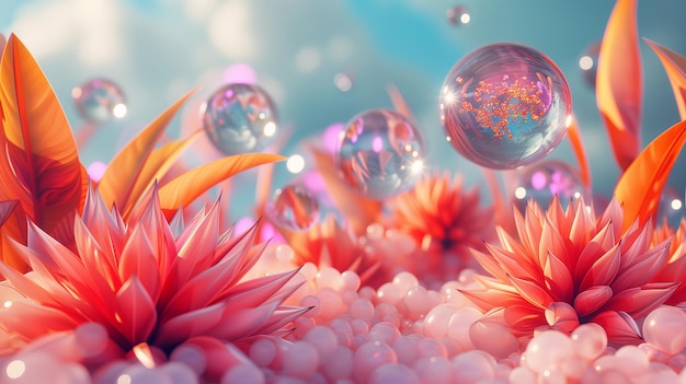 Vibrant fantasy flora with floating bubbles and soft light