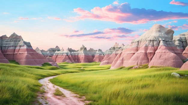 Vibrant Fantasy Landscape Beautiful Pink Rock Formations In Prairie