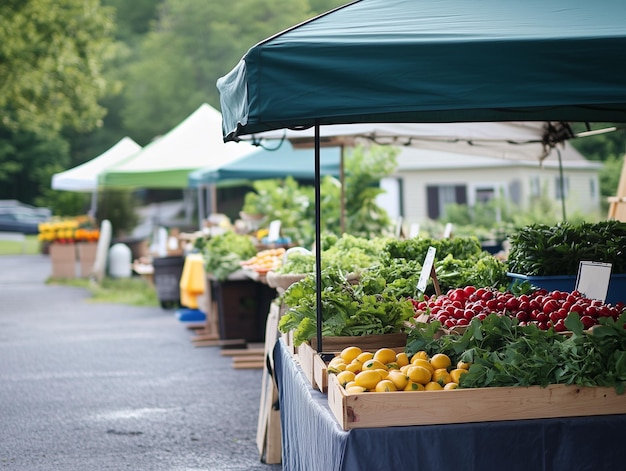 Photo a vibrant farmers market scene with various produce stands under green and white tents