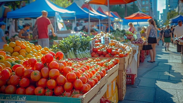 Vibrant Farmers Market with Abundant Fresh Produce and Bustling Crowd