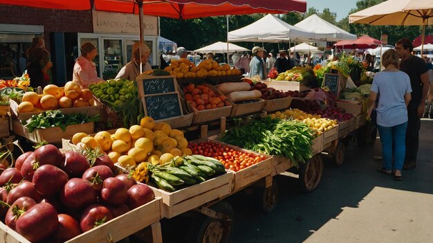 A Vibrant Farmers Market with Fresh Produce and Colorful Flowers