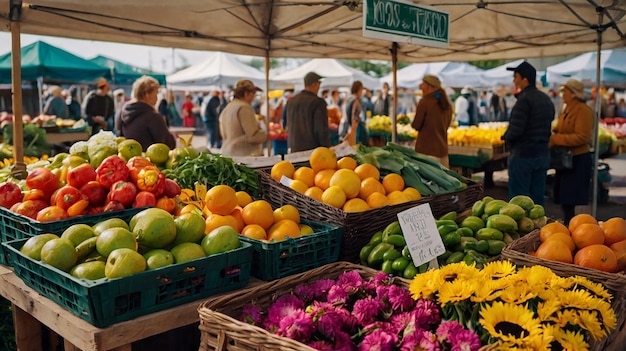 A Vibrant Farmers Market with Fresh Produce and Colorful Flowers