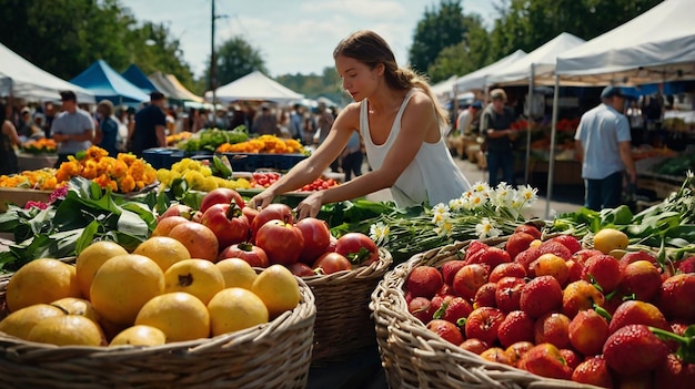 A Vibrant Farmers Market with Fresh Produce and Colorful Flowers