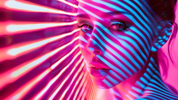 Photo vibrant fashion portrait of model with bold makeup in neon light setting