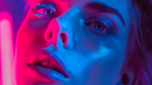 Photo vibrant fashion portrait of model with bold makeup in neon light setting