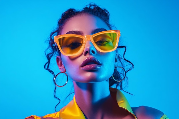 Photo vibrant fashion portrait of woman in neon yellow eyewear with solid neon blue trendsetting lifestyle look with modern style