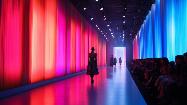 Photo a vibrant fashion runway scene showcases colorful curtains in shades of pink and blue models walk confidently under dramatic lighting it captures the essence of modern fashion ai