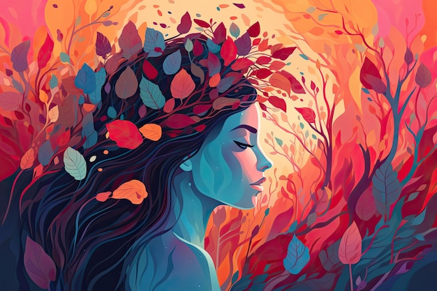 Vibrant female head with multicolored tree leaves surreal digital art lively organic imagery Generative AI