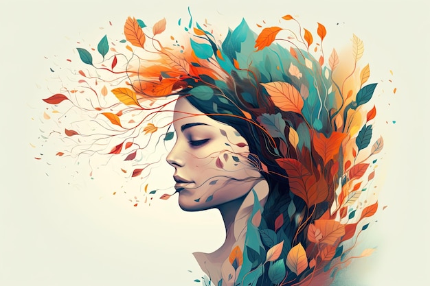 Vibrant female head with multicolored tree leaves surreal digital art lively organic imagery Generative AI