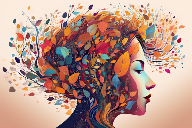 Vibrant female head with multicolored tree leaves surreal digital art lively organic imagery Generative AI