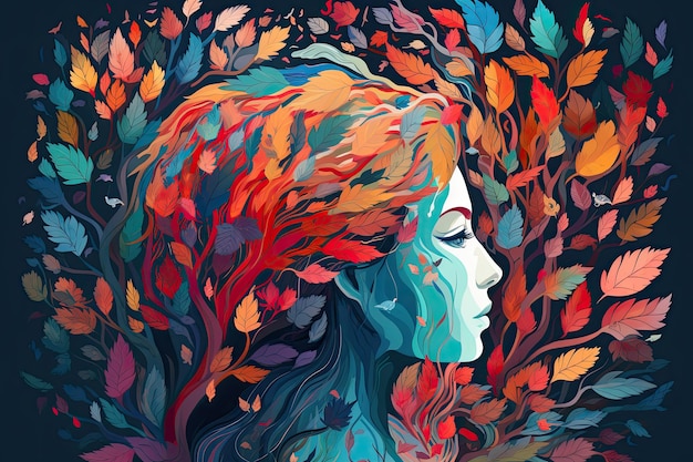 Vibrant female head with multicolored tree leaves surreal digital art lively organic imagery Generative AI