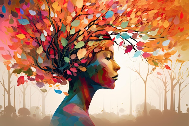 Vibrant female head with multicolored tree leaves surreal digital art lively organic imagery Generative AI