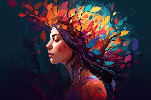 Vibrant female head with multicolored tree leaves surreal digital art lively organic imagery Generative AI