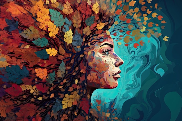 Vibrant female head with multicolored tree leaves surreal digital art lively organic imagery Generative AI