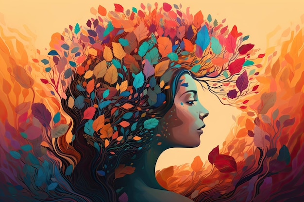 Vibrant female head with multicolored tree leaves surreal digital art lively organic imagery Generative AI