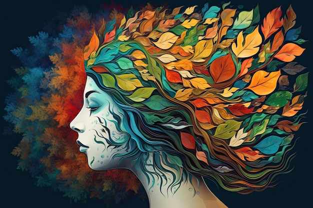 Vibrant female head with multicolored tree leaves surreal digital art lively organic imagery Generative AI