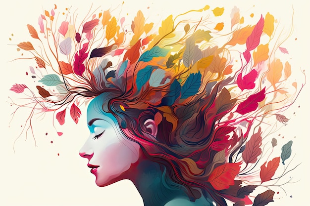 Vibrant female head with multicolored tree leaves surreal digital art lively organic imagery Generative AI