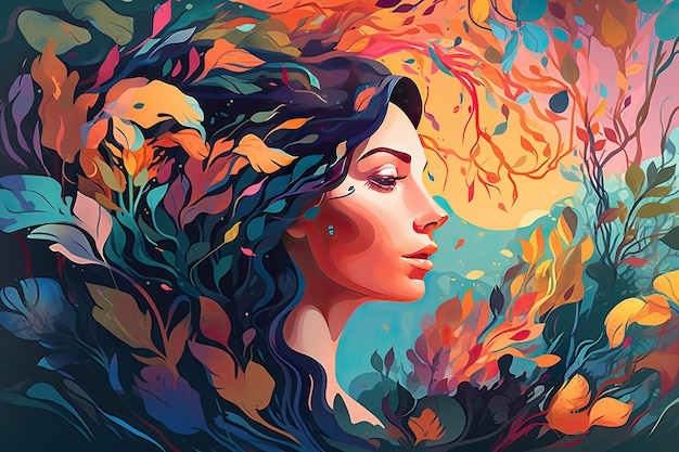 Vibrant female head with multicolored tree leaves surreal digital art lively organic imagery Generative AI