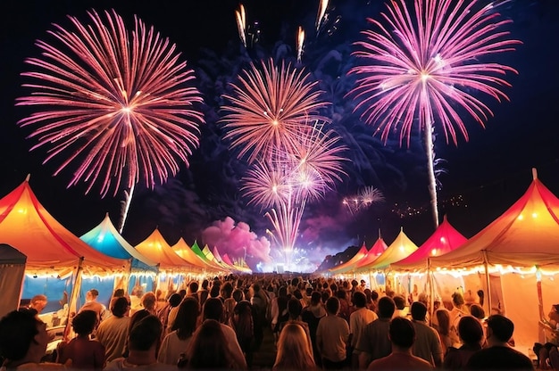 A vibrant festival with fireworks lighting up the sky