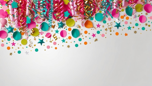 Vibrant festive image of colorful party decorations with pink teal and gold stars circular confetti and ribbons against a light gray background cheerful atmosphere generative AI