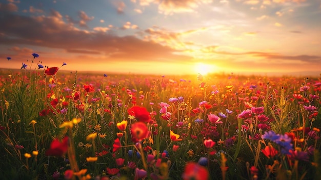 A vibrant field of wildflowers each petal displaying a different hue stretching as far as the eye can see under the golden sunlight of dawn